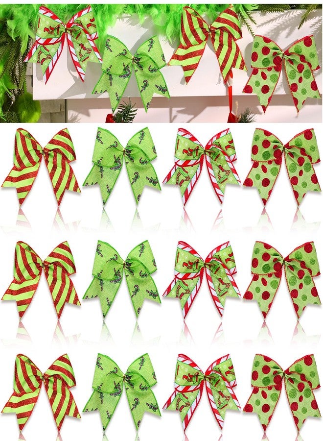 Janinka 16 Pcs Red Green Christmas Bows-6 Inch Lime Green Christmas Wreath Bows Xmas Tree Glitter Polka Dot Stripe Elf Candy Cane Burlap Ribbon Ornaments for Garland Wedding Home Party (4 Style) - Image 1